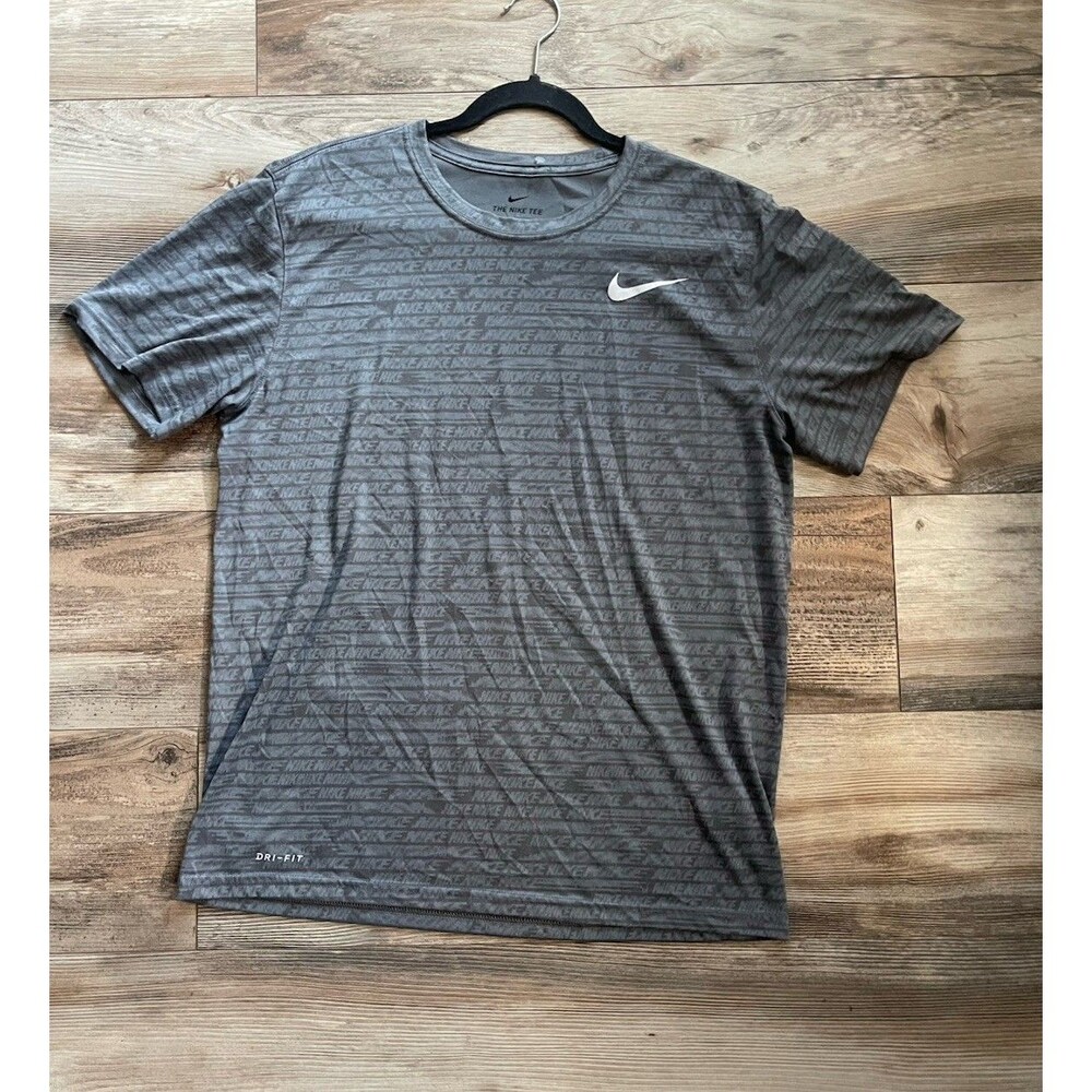 The Nike Tee Mens Large Grey Black Dri-Fit Crew Neck Light Weight Running Gym